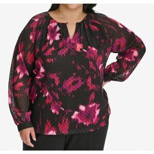 Calvin Klein Womens Plus Floral Print Pleated Blouse Black Multi 1X NWT